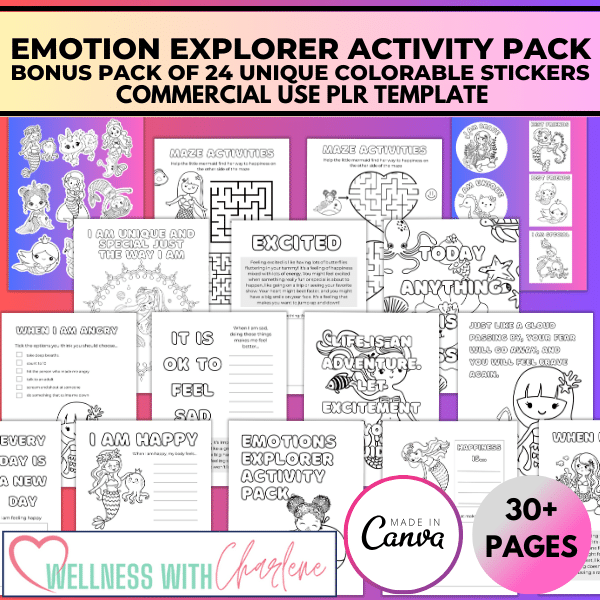 PLR Emotion Explorer Activity Pack + BONUS PLR Mermaid Colorable Stickers 41 CharleneManzoni PLR emotion activity