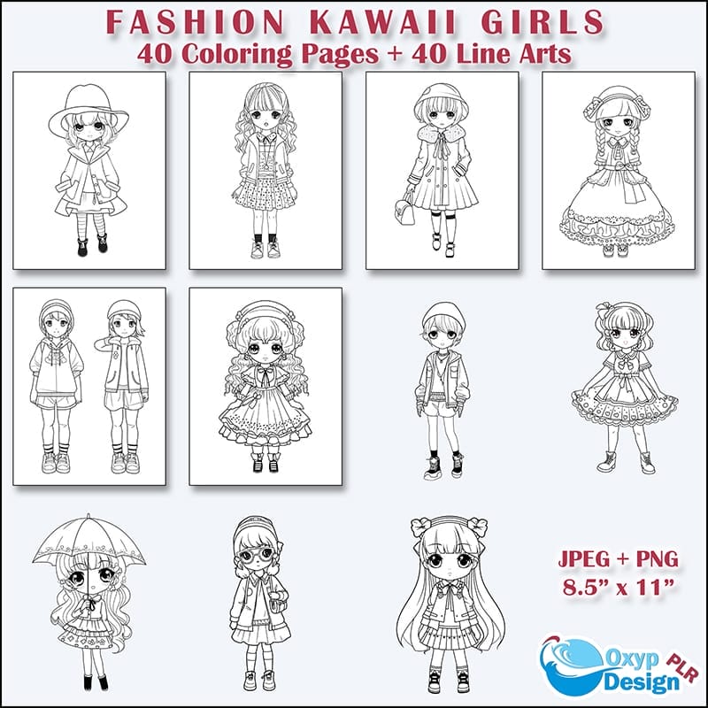 Fashion Kawaii Girls - 40 Coloring Pages and Line Arts - Thrive Anywhere