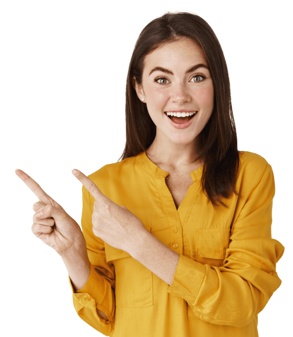 excited-young-woman-showing-banner-pointing-fingers-left-smiling-camera-standing-amazed-white-wall